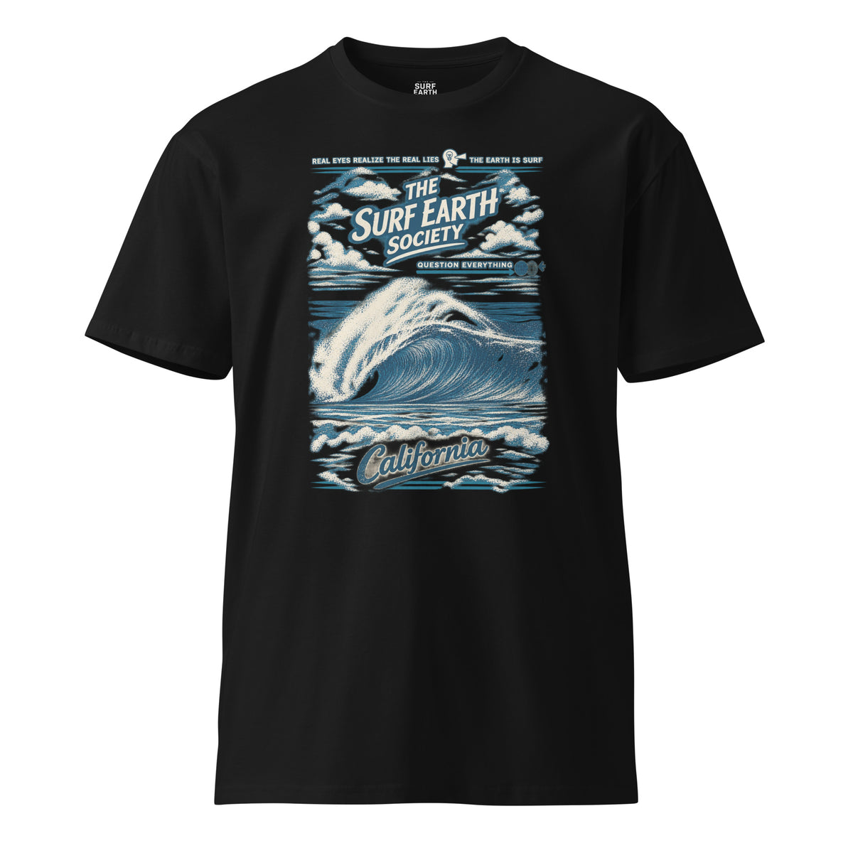 Southern California ’94 vintage surf T-shirt in black, featuring a classic California beachbreak wave beneath the SURF EARTH SOCIETY™ mark, with vintage distressed typography.