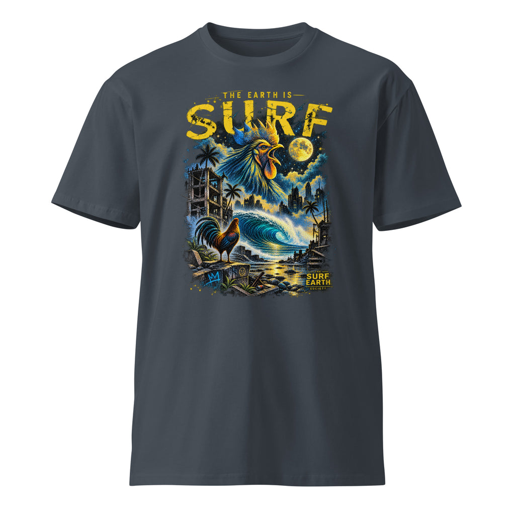 Dystopian Rooster THE EARTH IS SURF surf T-shirt in petrol blue with distressed rooster and dystopian wave artwork