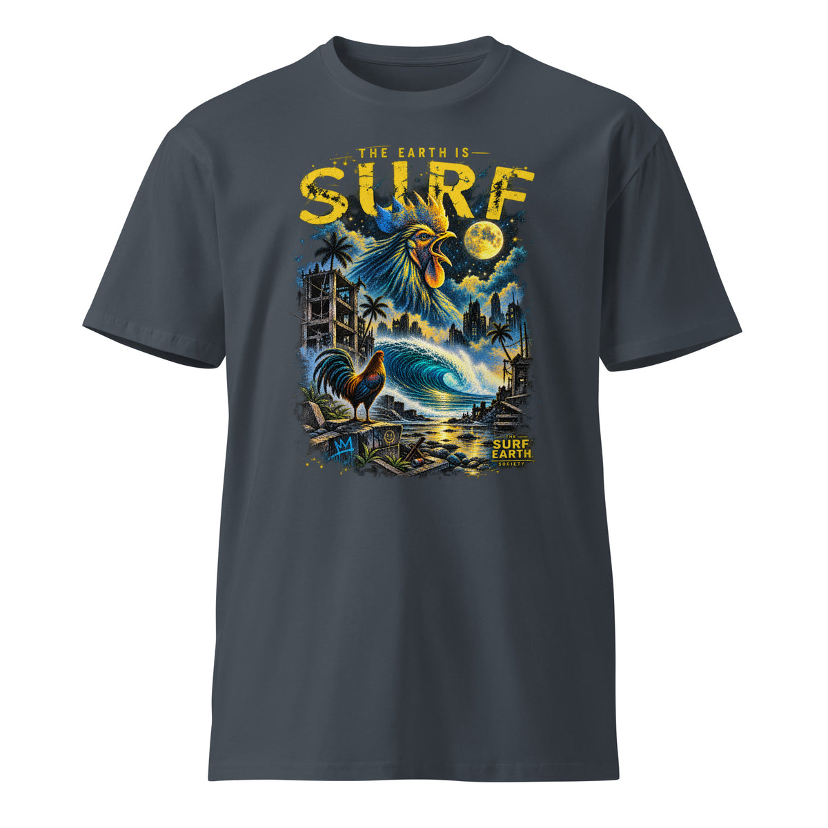 Dystopian Rooster THE EARTH IS SURF surf T-shirt in petrol blue with distressed rooster and dystopian wave artwork