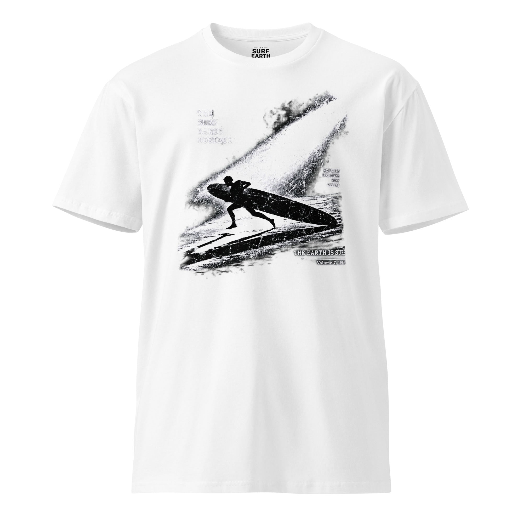 Vintage Night Run ’66 surf T-shirt featuring a longboard surfer and THE EARTH IS SURF graphic WHite 100% cotton