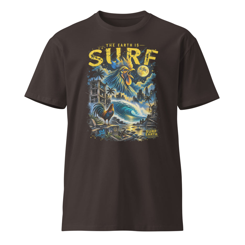 Dystopian Rooster THE EARTH IS SURF graphic T-shirt in coal with dystopian city, rooster and empty surf wave
