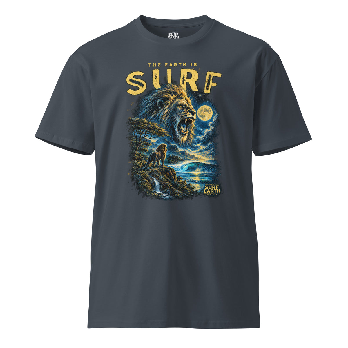 Powerful lion roaring over the surf beneath a full moon on a premium 100% cotton petrol blue T-shirt, wild ’90s jungle and ocean graphic
