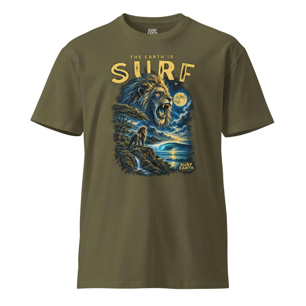 Wild jungle lion roaring over a perfect surf wave beneath the full moon on a premium 100% cotton military green T-shirt, vintage wilderness surf design