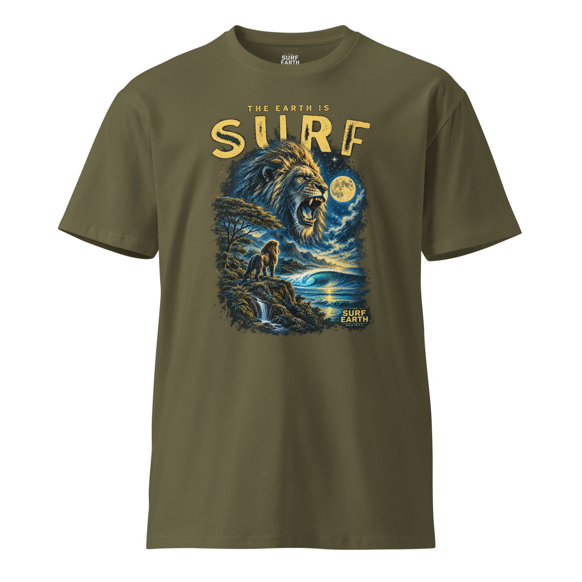 Wild jungle lion roaring over a perfect surf wave beneath the full moon on a premium 100% cotton military green T-shirt, vintage wilderness surf design