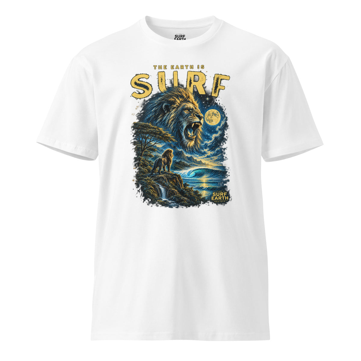 Wild lion roaring over a perfect surf wave beneath a full moon on a premium 100% cotton white T-shirt, vintage ’90s jungle surf design