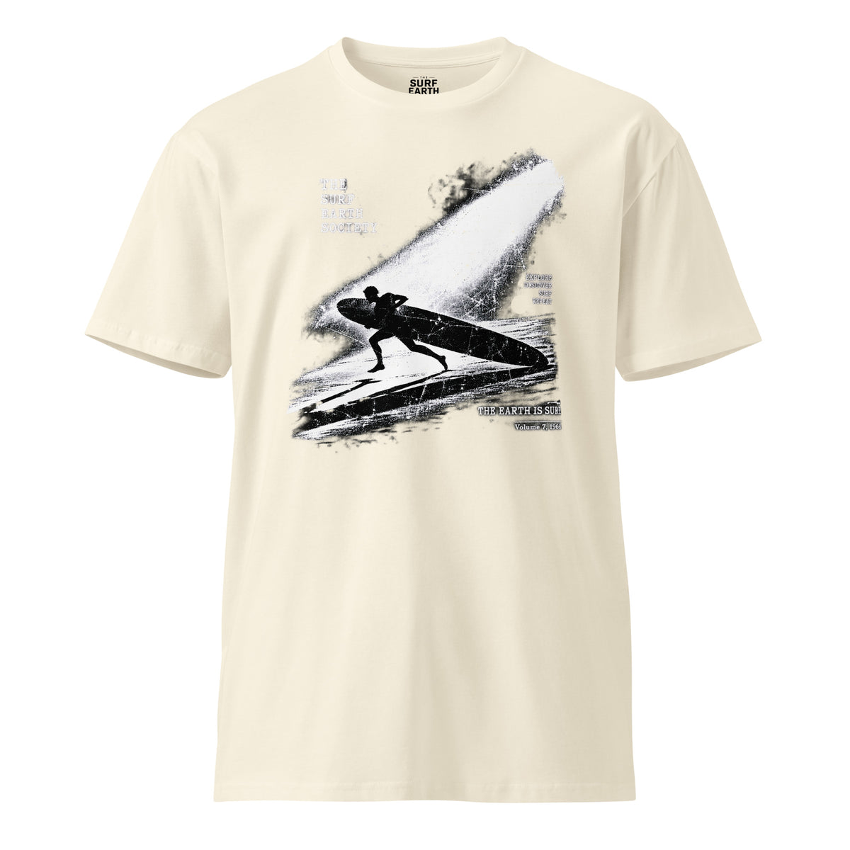 Vintage Night Run ’66 surf cotton T-shirt featuring a longboard surfer and THE EARTH IS SURF graphic natural beige