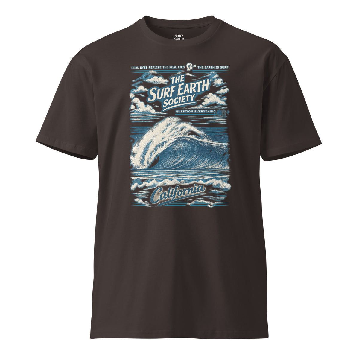 Southern California ’94 vintage surf T-shirt in coal, featuring a classic California beachbreak wave beneath the SURF EARTH SOCIETY™ mark with an aged, distressed print.