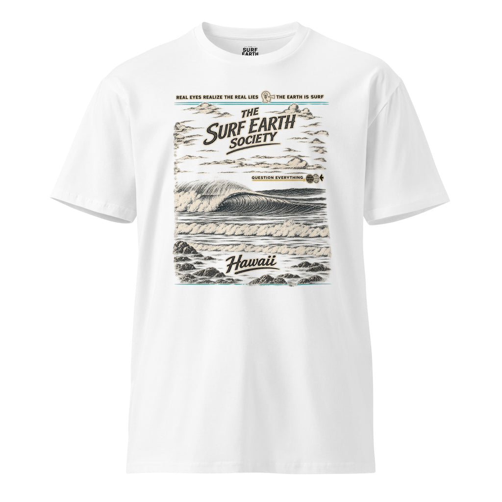 White Surf Earth Society Hawaii T-shirt with a distressed vintage ocean wave graphic and retro Surf Earth Society typography.