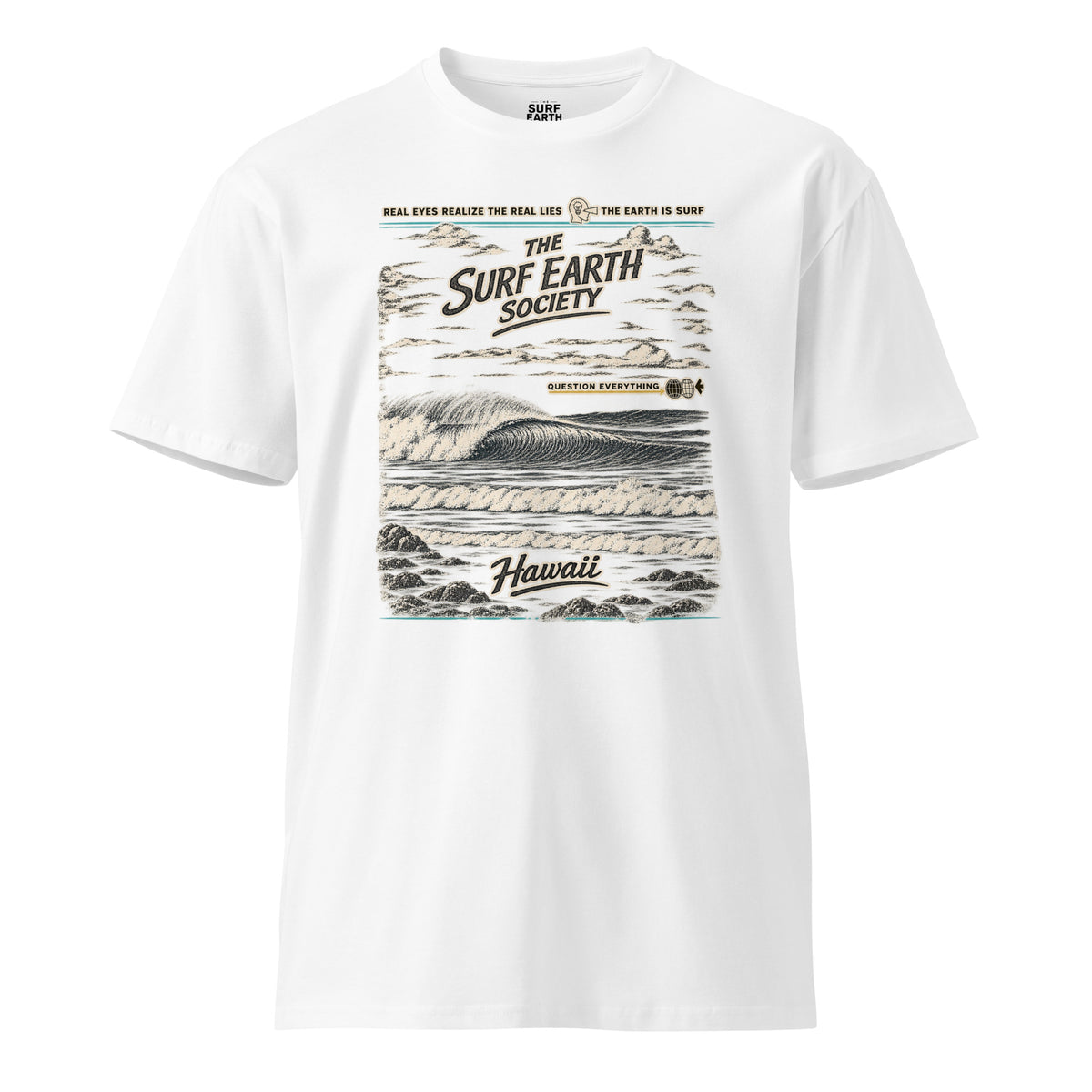 White Surf Earth Society Hawaii T-shirt with a distressed vintage ocean wave graphic and retro Surf Earth Society typography.