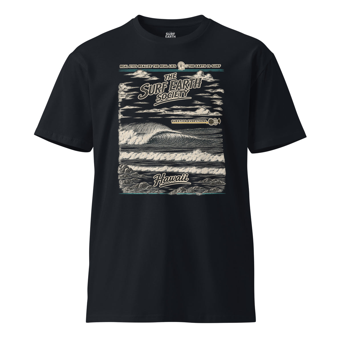 Surf Earth Society Hawaii vintage T-shirt in navy featuring a distressed wave illustration and retro surf-inspired typography.
