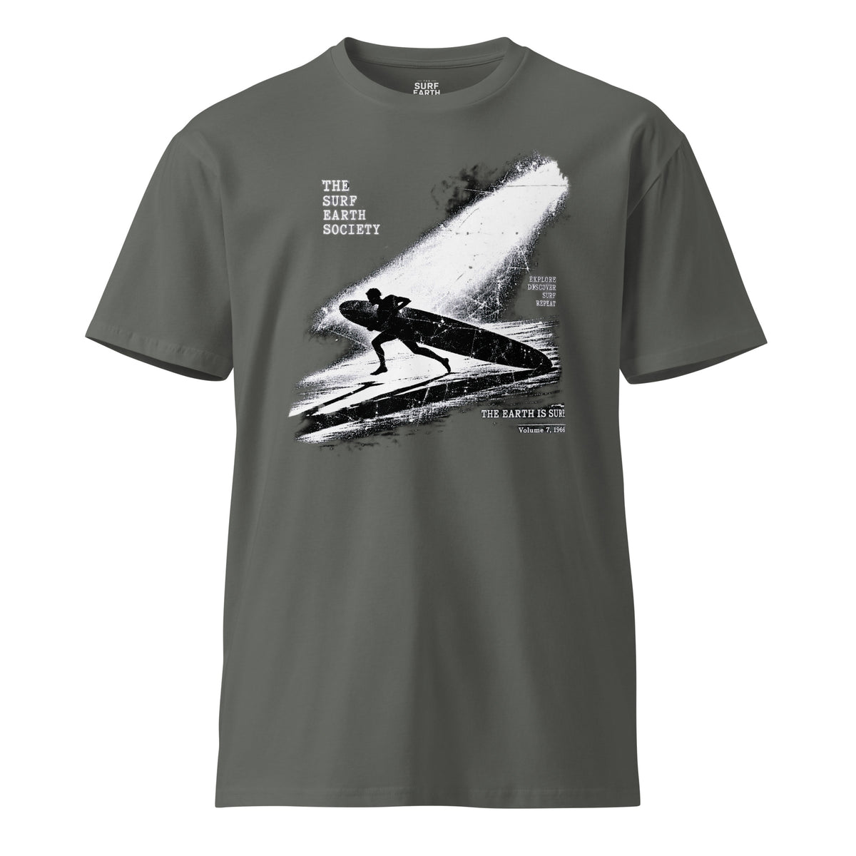 THE SURF EARTH SOCIETY Night Run ’66 vintage surf T-shirt with distressed longboard surfer graphic charcoal gray