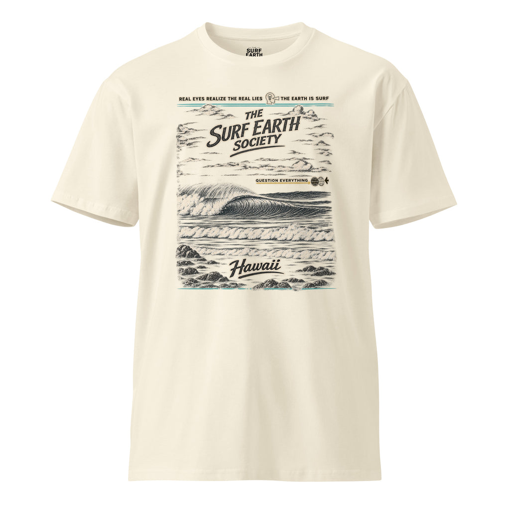 Natural beige Surf Earth Society Hawaii T-shirt featuring a weathered vintage wave illustration and classic surf typography.