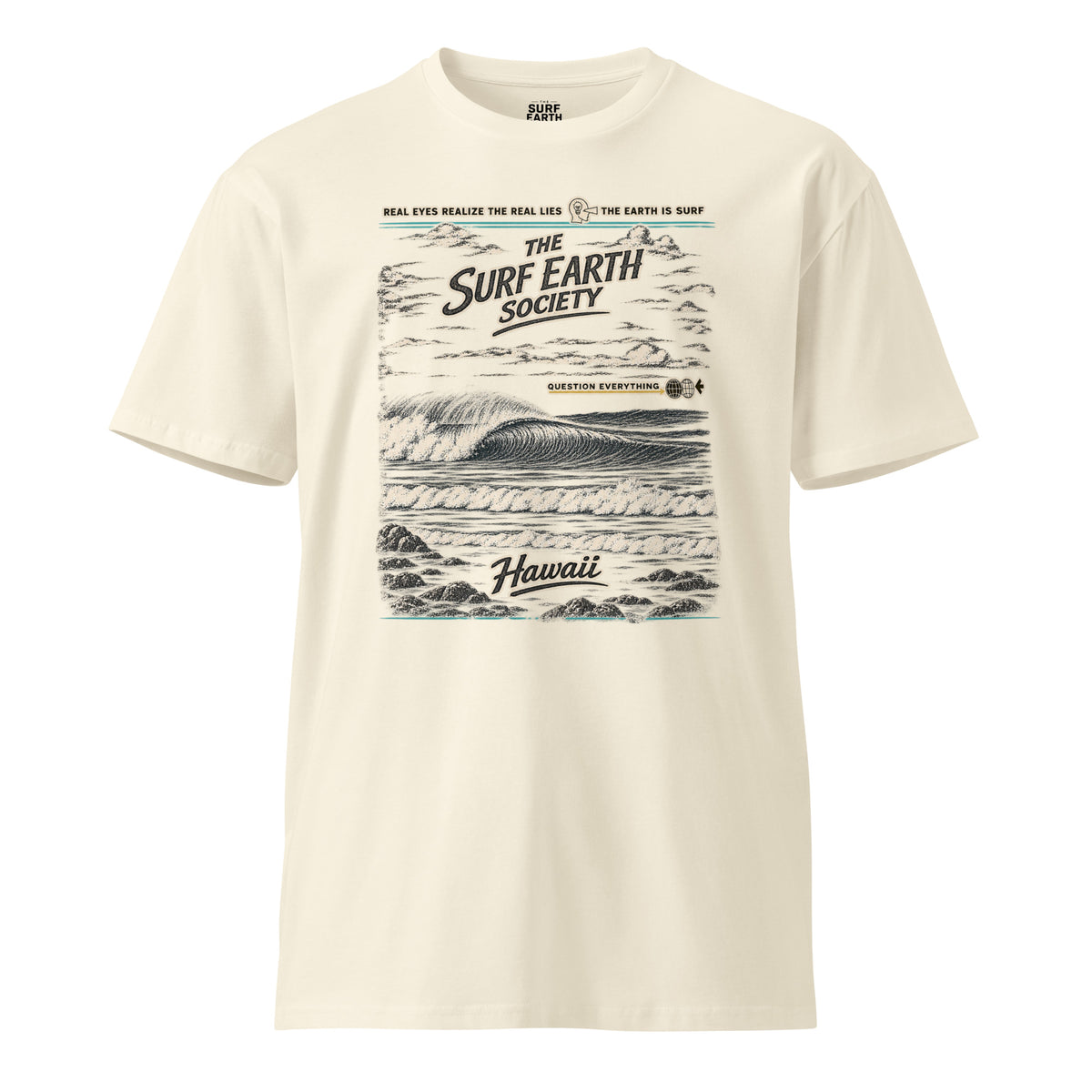 Natural beige Surf Earth Society Hawaii T-shirt featuring a weathered vintage wave illustration and classic surf typography.