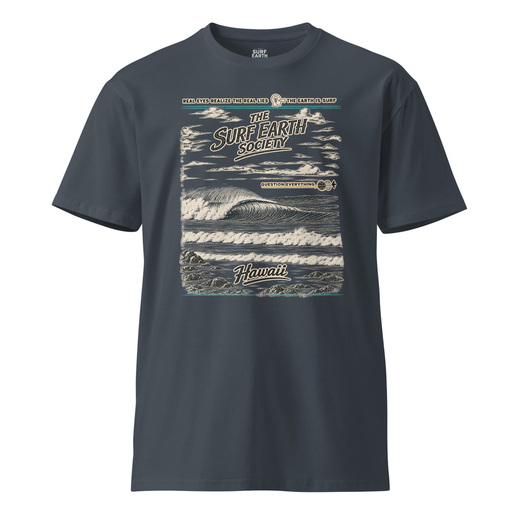 Petrol blue Surf Earth Society Hawaii T-shirt with a vintage distressed ocean graphic and Surf Earth Society lettering.