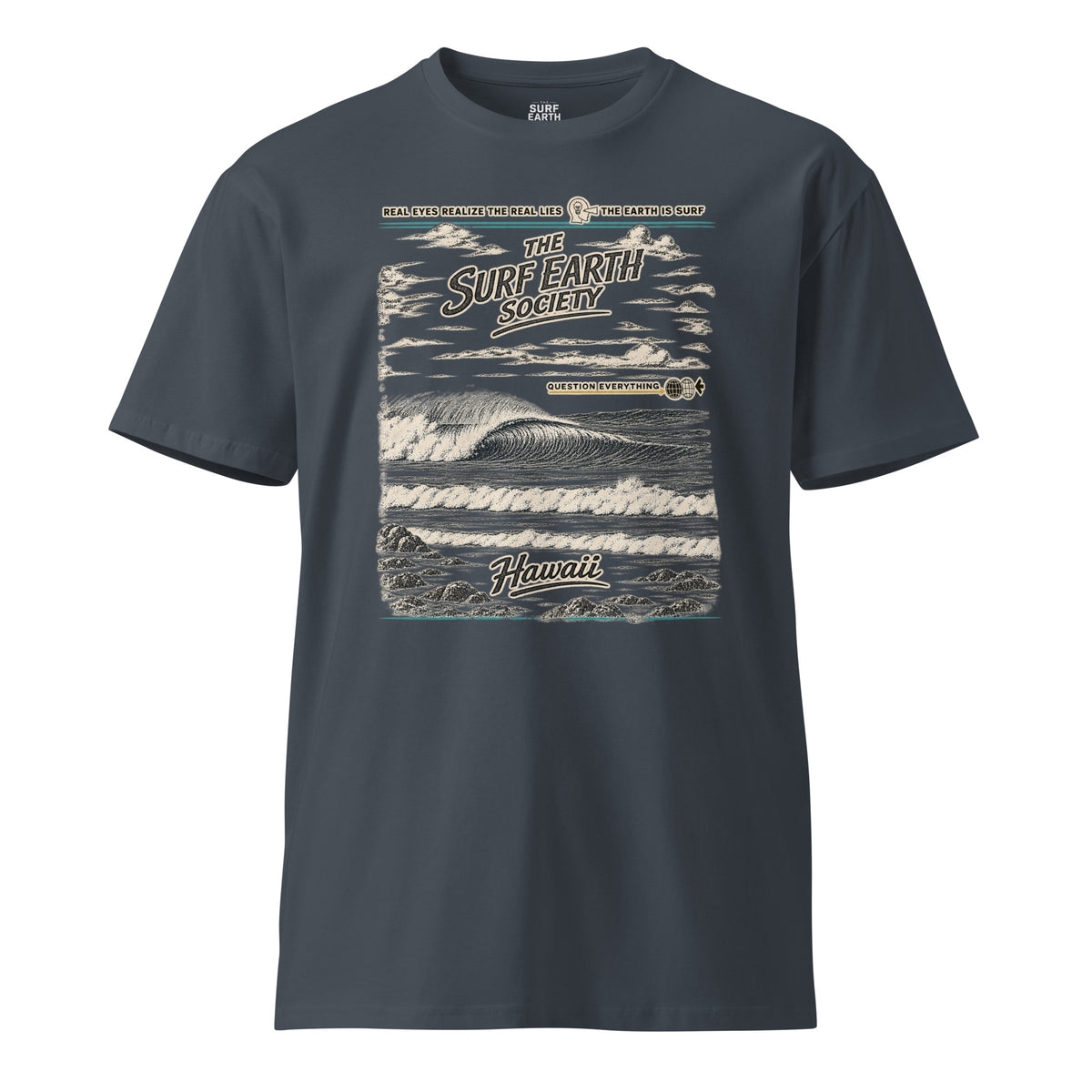 Petrol blue Surf Earth Society Hawaii T-shirt with a vintage distressed ocean graphic and Surf Earth Society lettering.