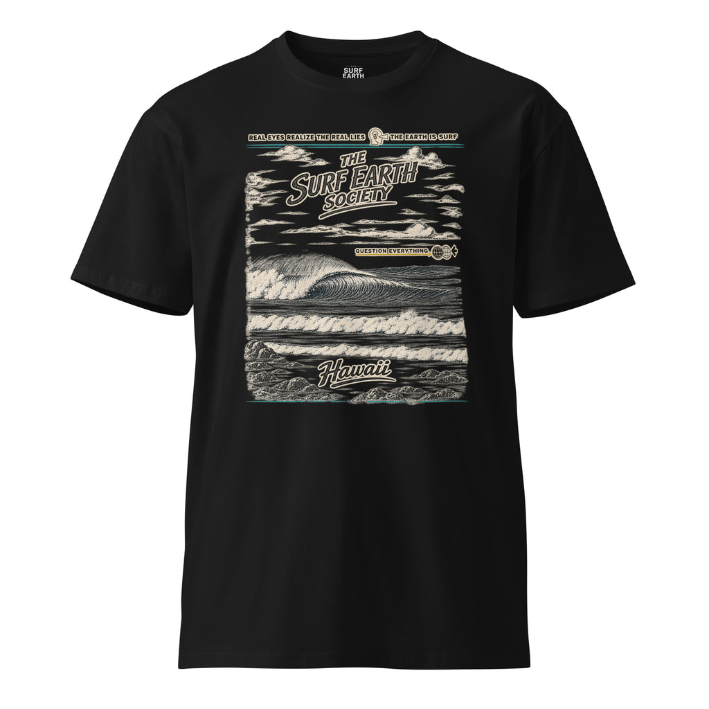 Vintage Surf Earth Society Hawaii T-shirt in black with distressed ocean wave graphic and retro typography.