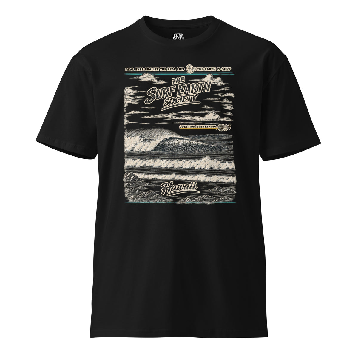 Vintage Surf Earth Society Hawaii T-shirt in black with distressed ocean wave graphic and retro typography.
