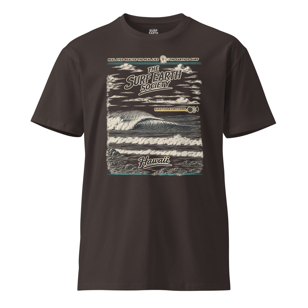 Coal color T-shirt featuring the vintage Surf Earth Society Hawaii design with distressed ocean waves and retro lettering.