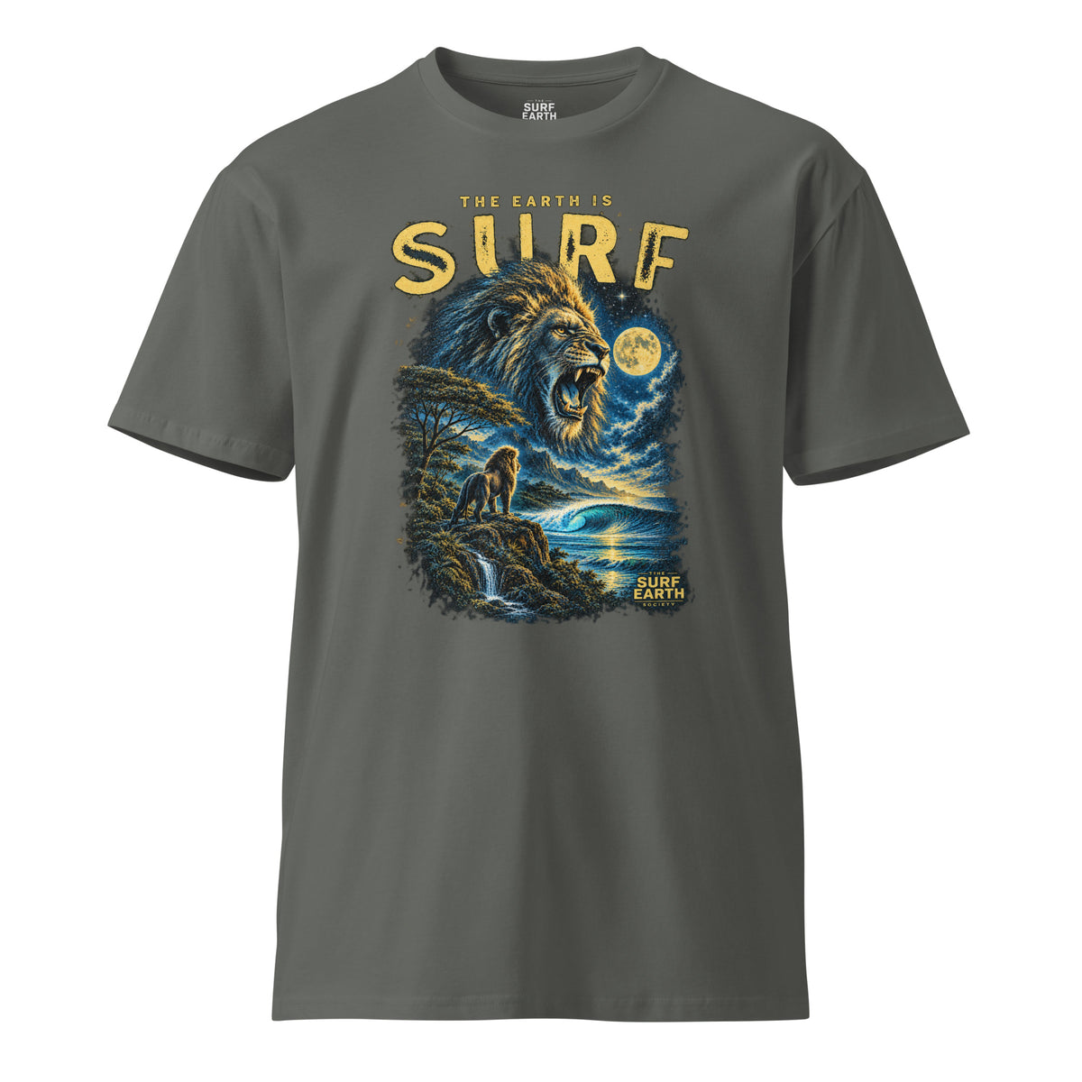 Vintage ’90s lion roaring above a perfect ocean wave and full moon on a premium 100% cotton charcoal gray T-shirt, wild surf and jungle graphic