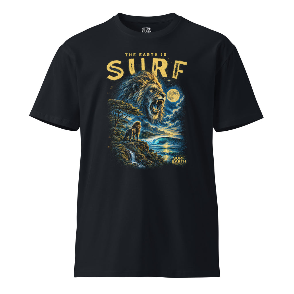 Majestic lion roaring over a perfect surf wave beneath a glowing full moon on a premium 100% cotton navy blue T-shirt, vintage ’90s ocean and jungle artwork