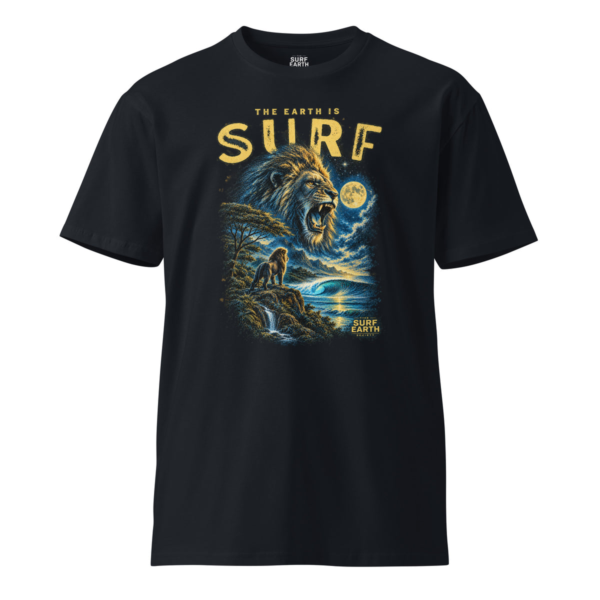 Majestic lion roaring over a perfect surf wave beneath a glowing full moon on a premium 100% cotton navy blue T-shirt, vintage ’90s ocean and jungle artwork