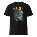 Fierce lion roaring over the surf beneath a full moon on a premium 100% cotton black T-shirt, vintage ’90s jungle wildlife and ocean surf graphic