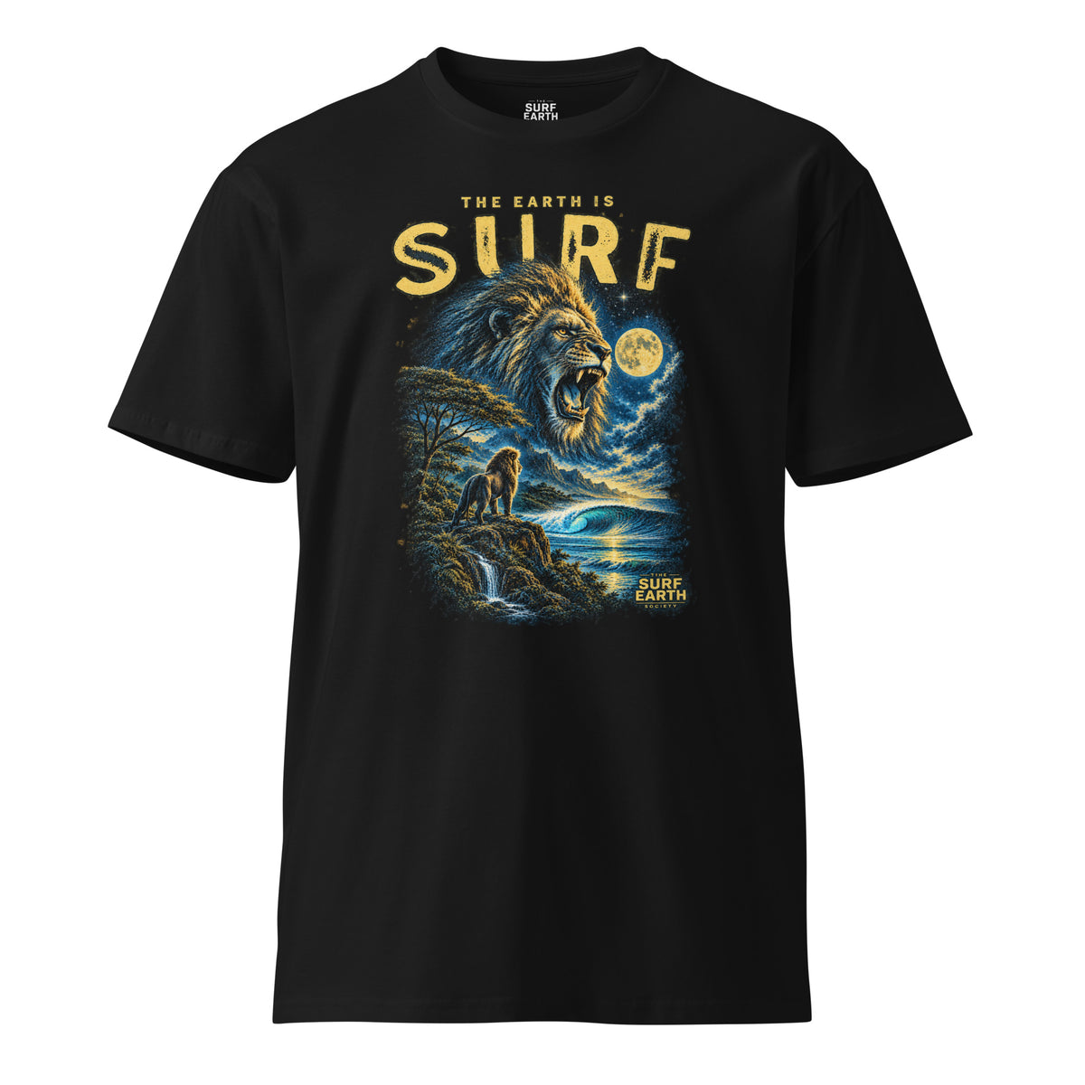Fierce lion roaring over the surf beneath a full moon on a premium 100% cotton black T-shirt, vintage ’90s jungle wildlife and ocean surf graphic