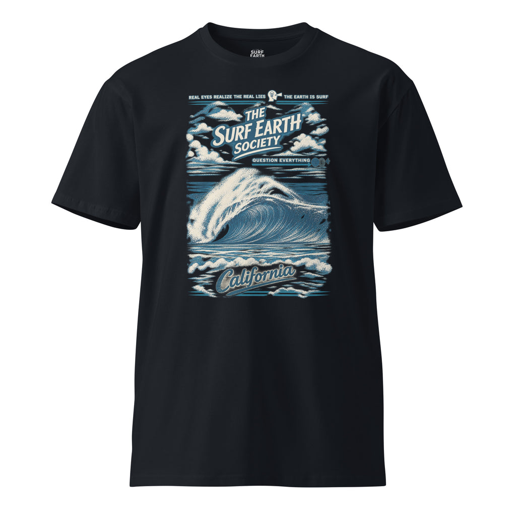 Southern California ’94 vintage surf T-shirt in navy blue, featuring a classic California beachbreak wave beneath the SURF EARTH SOCIETY™ mark and distressed vintage lettering.