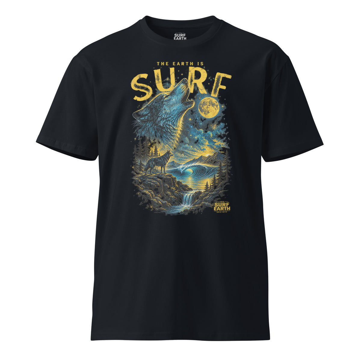 THE EARTH IS SURF vintage T-shirt design featuring a howling wolf and nighttime ocean wave navy blue cotton cool
