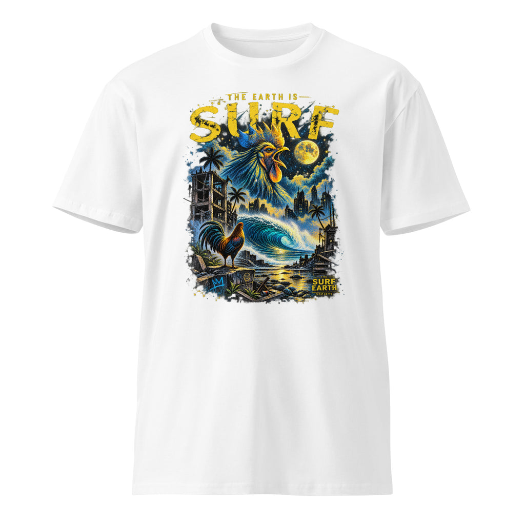 Dystopian Rooster THE EARTH IS SURF vintage surf T-shirt in white featuring distressed rooster, empty wave and ruined city