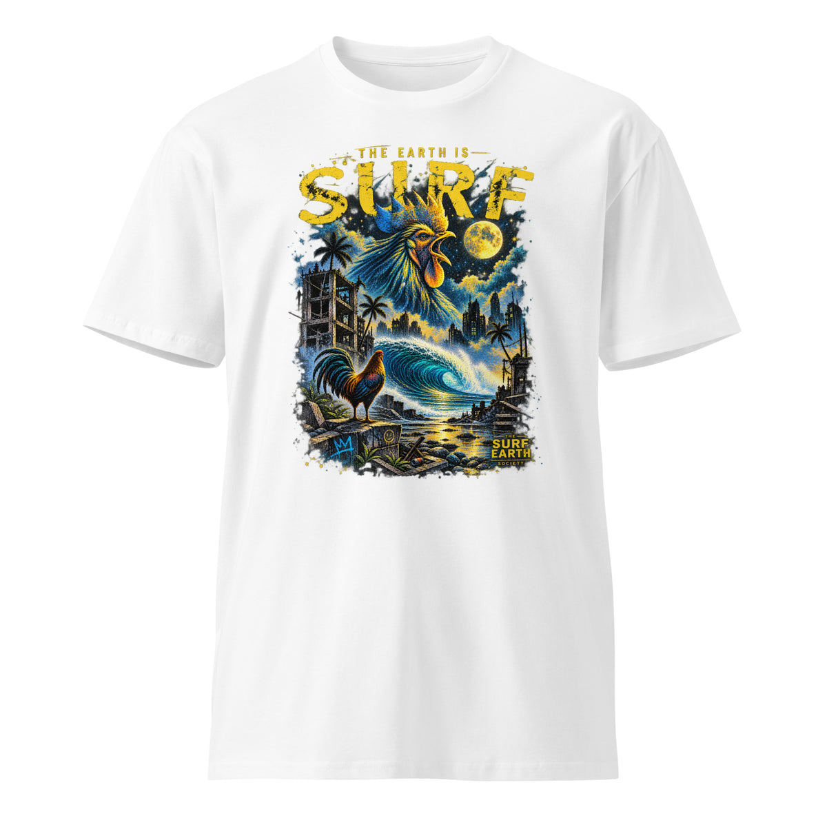 Dystopian Rooster THE EARTH IS SURF vintage surf T-shirt in white featuring distressed rooster, empty wave and ruined city