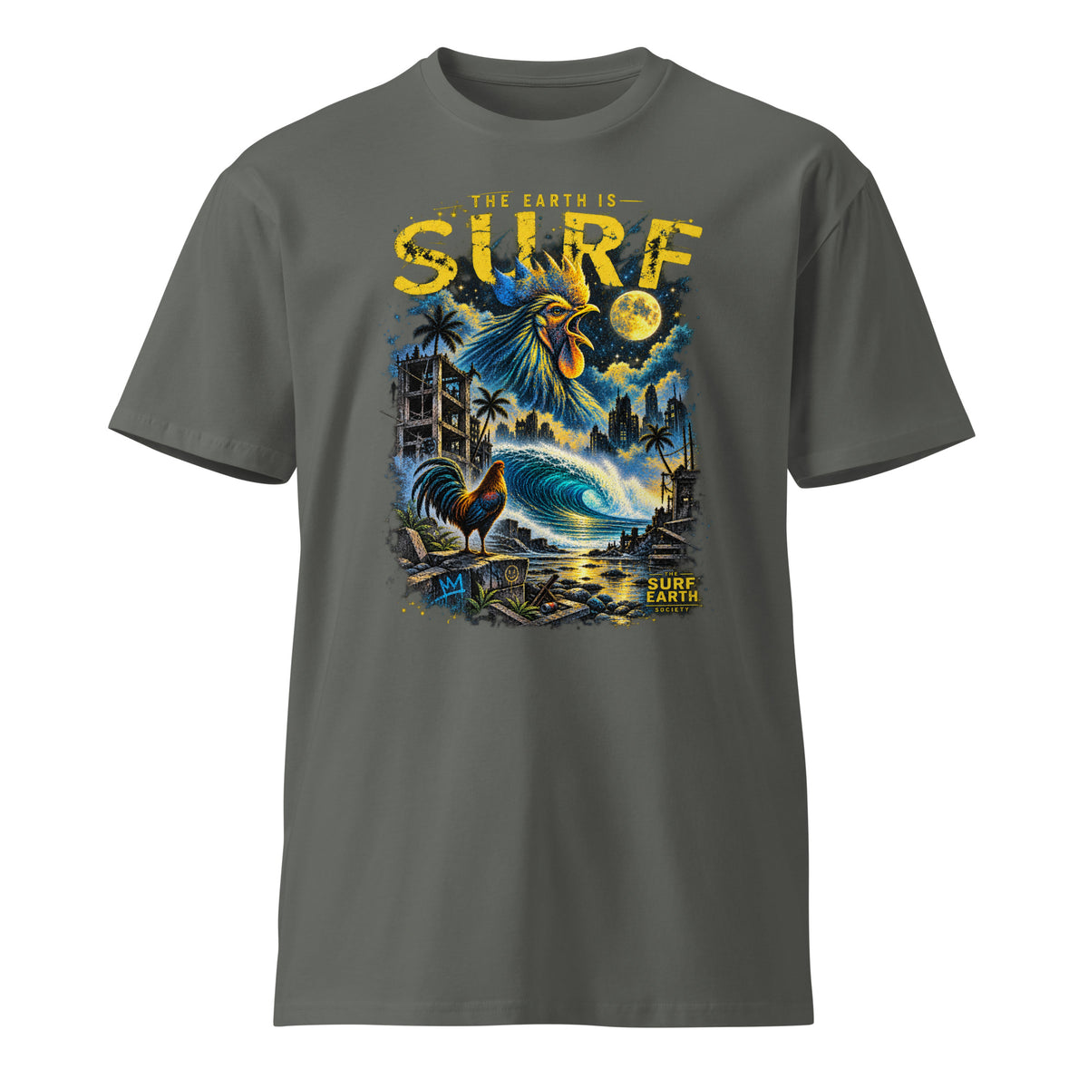 Dystopian Rooster THE EARTH IS SURF vintage graphic tee in charcoal gray featuring a crowing rooster and perfect wave