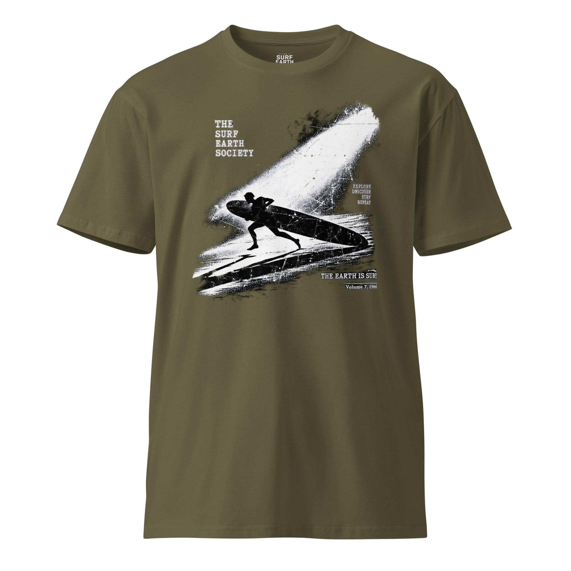 Army green cotton THE SURF EARTH SOCIETY ’66 surf T-shirt mockup with weathered black-and-white ocean graphic