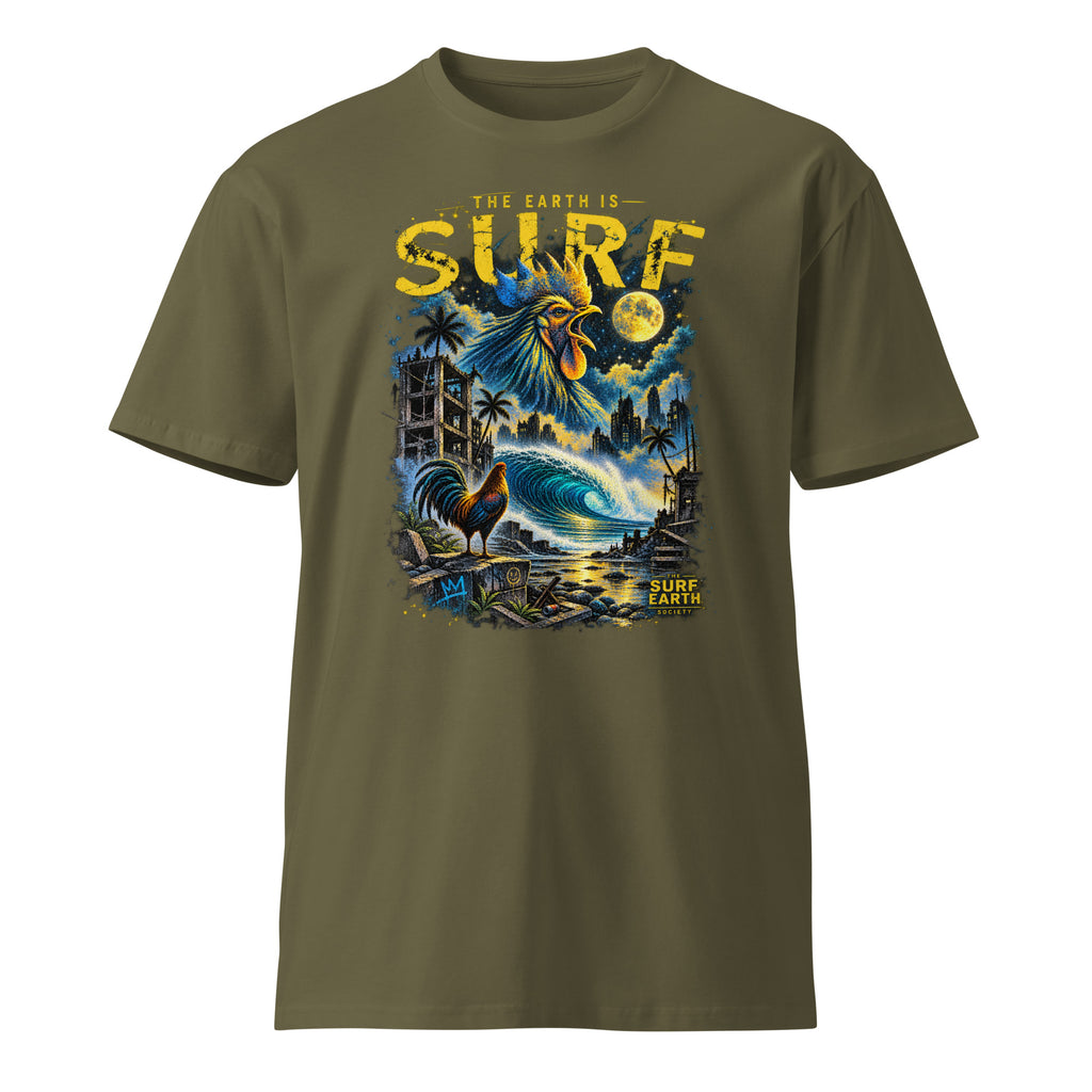 Dystopian Rooster THE EARTH IS SURF graphic surf tee in military green featuring rooster, ocean wave and crumbling city