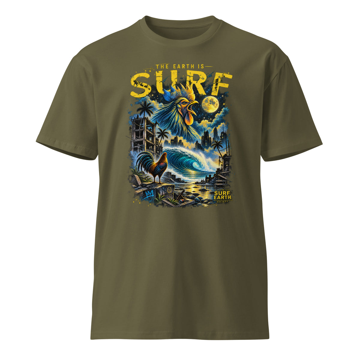 Dystopian Rooster THE EARTH IS SURF graphic surf tee in military green featuring rooster, ocean wave and crumbling city