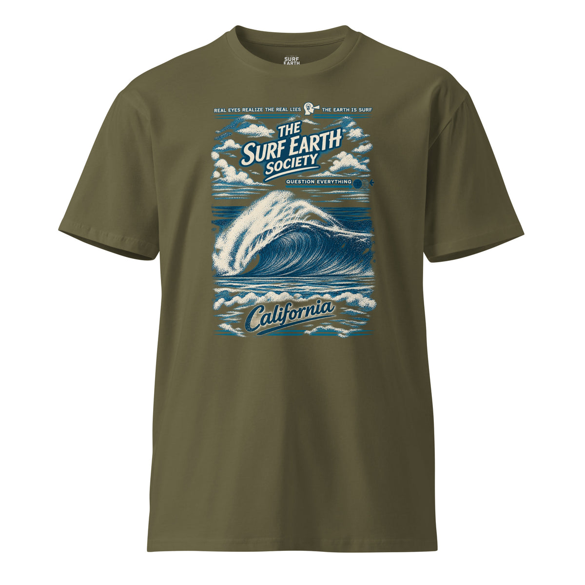 Southern California-Southern California ’94 vintage surf T-shirt in army green, featuring a classic California wave graphic, SURF EARTH SOCIETY™ mark, and aged vintage typography