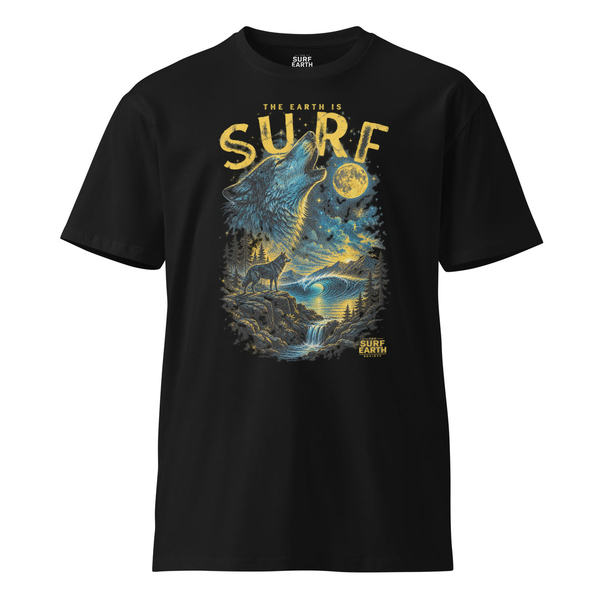 Vintage 90s wolf and surf T-shirt design with a howling wolf, full moon, and perfect ocean wave 100% cotton black