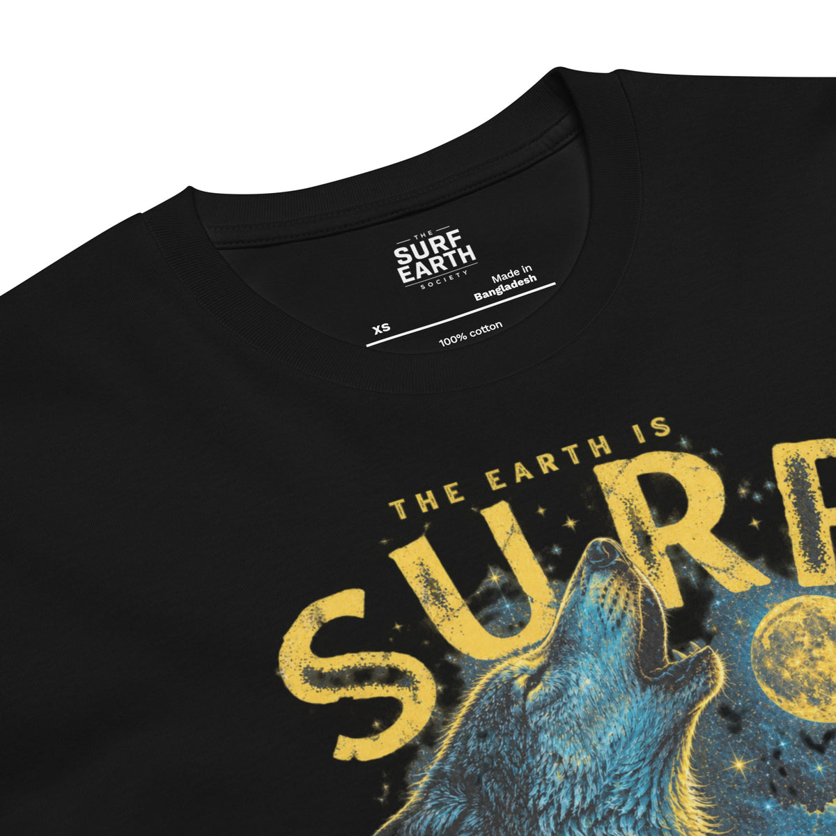 Wild and fun Retro 1990s wilderness surf T-shirt graphic with wolves, pine trees, moon, and ocean wave black cotton tee