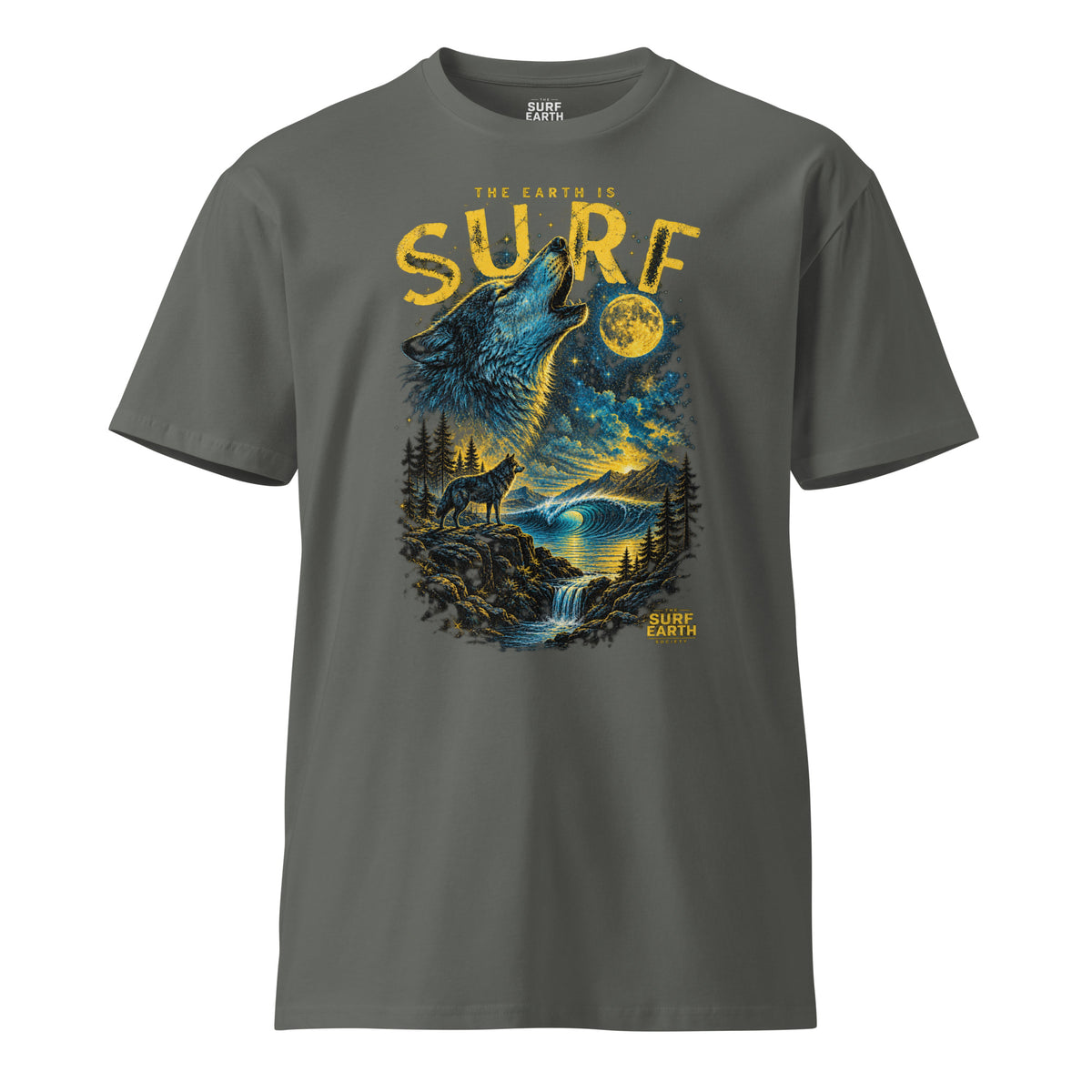 gray cotton THE EARTH IS SURF vintage T-shirt design featuring a howling wolf and nighttime ocean wave northwest beauty