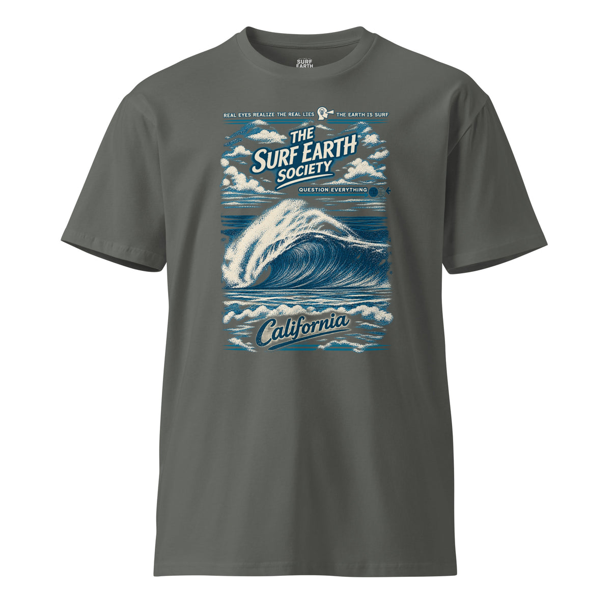 Southern California ’94 vintage surf T-shirt in charcoal gray, featuring a vintage California surfbreak graphic, SURF EARTH SOCIETY™ branding, and distressed lettering.