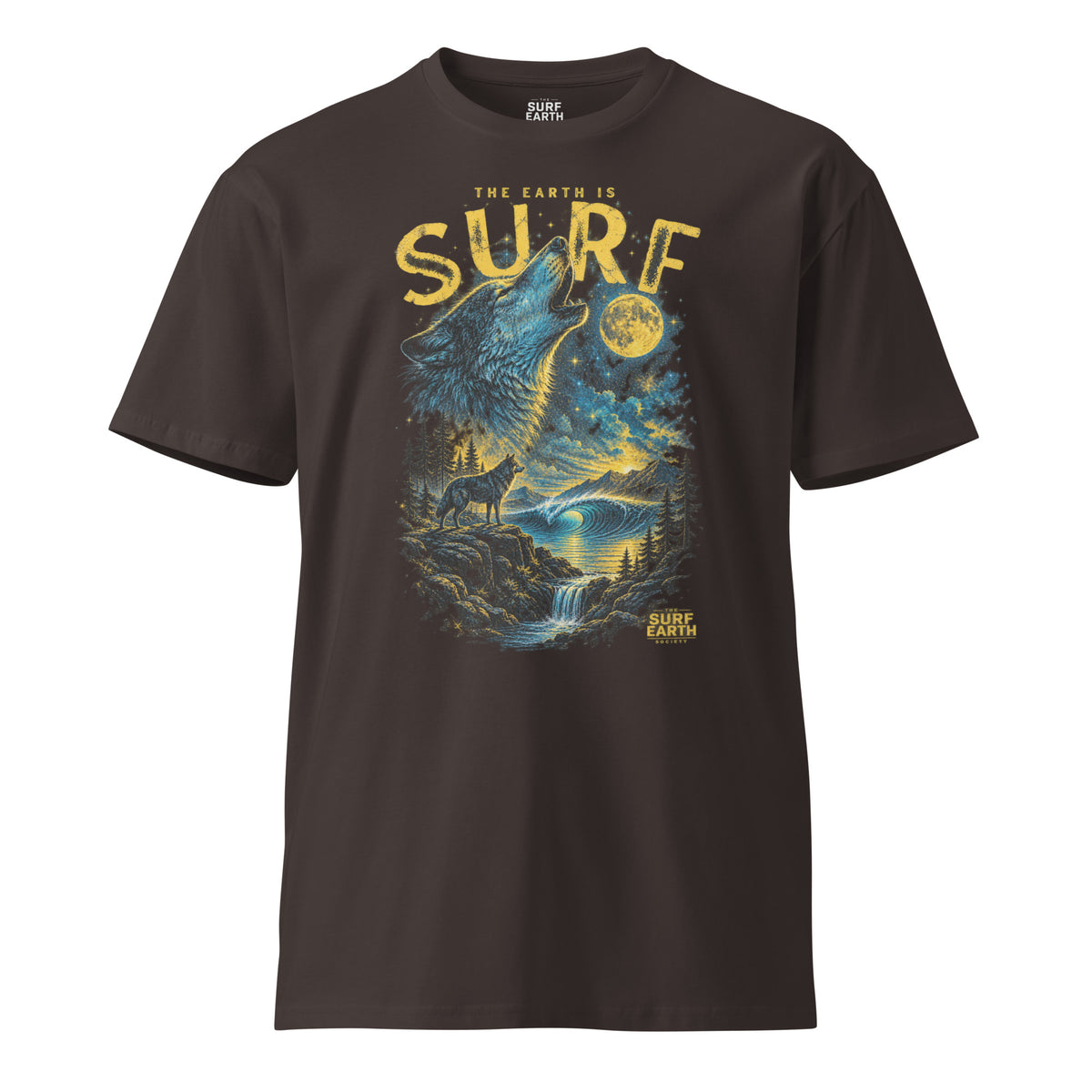 THE SURF EARTH vintage wolf T-shirt graphic with a howling wolf, night sky, and iconic perfect wave coal color cotton 