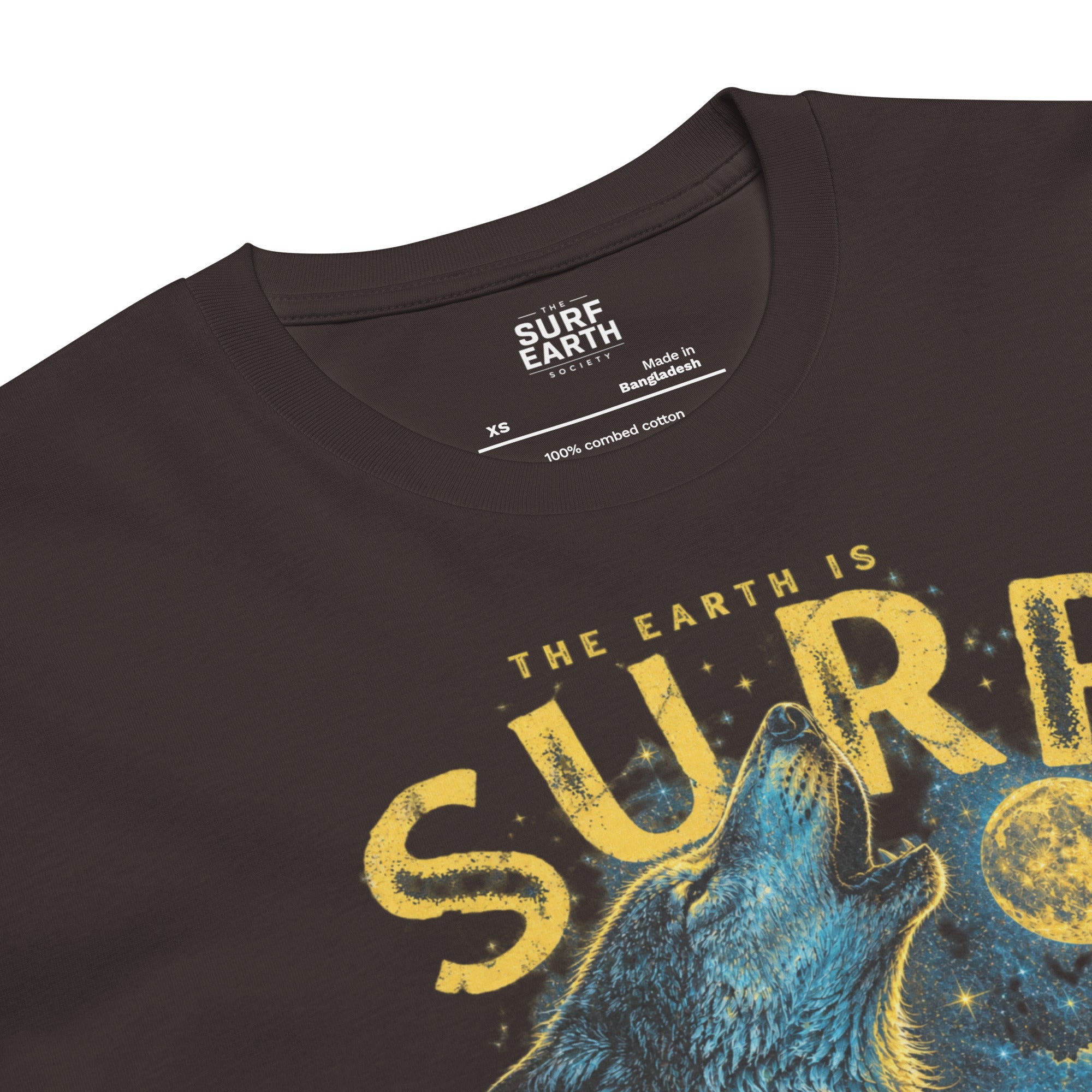 classic cotton coal color THE SURF EARTH vintage wolf T-shirt graphic with a howling wolf, night sky, and iconic northwest perfect wave