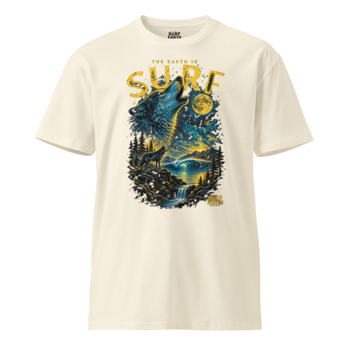 90s-inspired wolf surf graphic T-shirt with a moonlit ocean, mountain landscape, and wilderness scene beige cotton comfort