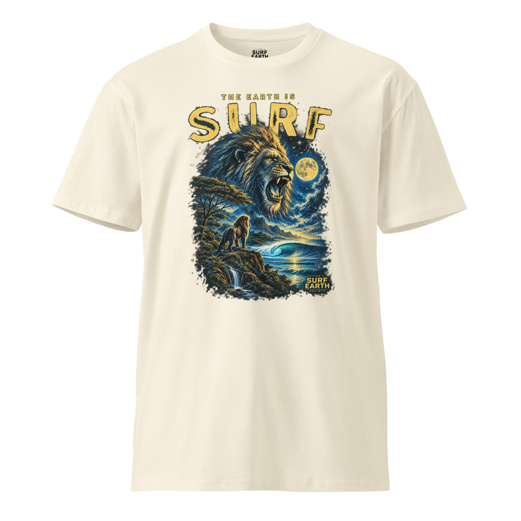 Roaring lion and perfect ocean wave under a glowing full moon printed on a premium 100% cotton natural beige T-shirt, vintage wilderness surf style.