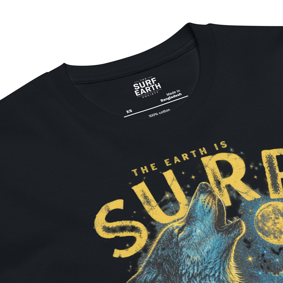 closeup front cotton nay blue THE EARTH IS SURF vintage T-shirt design featuring a howling wolf and nighttime ocean wave