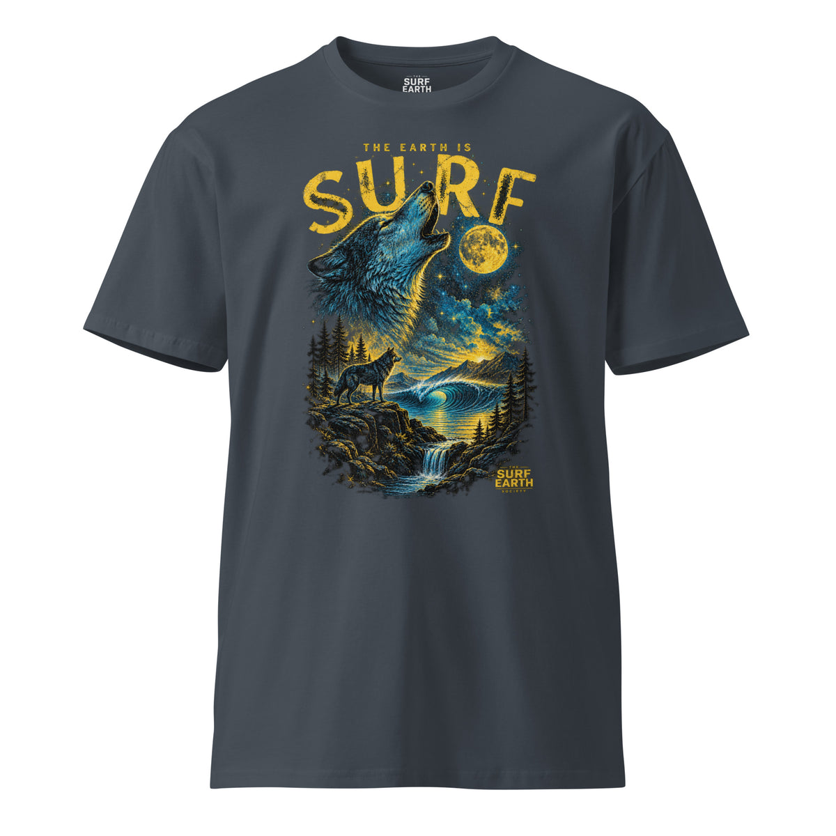 petrol ble cotton Wildlife surf T-shirt artwork showing a howling wolf, glowing moon, pine forest, waterfall, and ocean wave