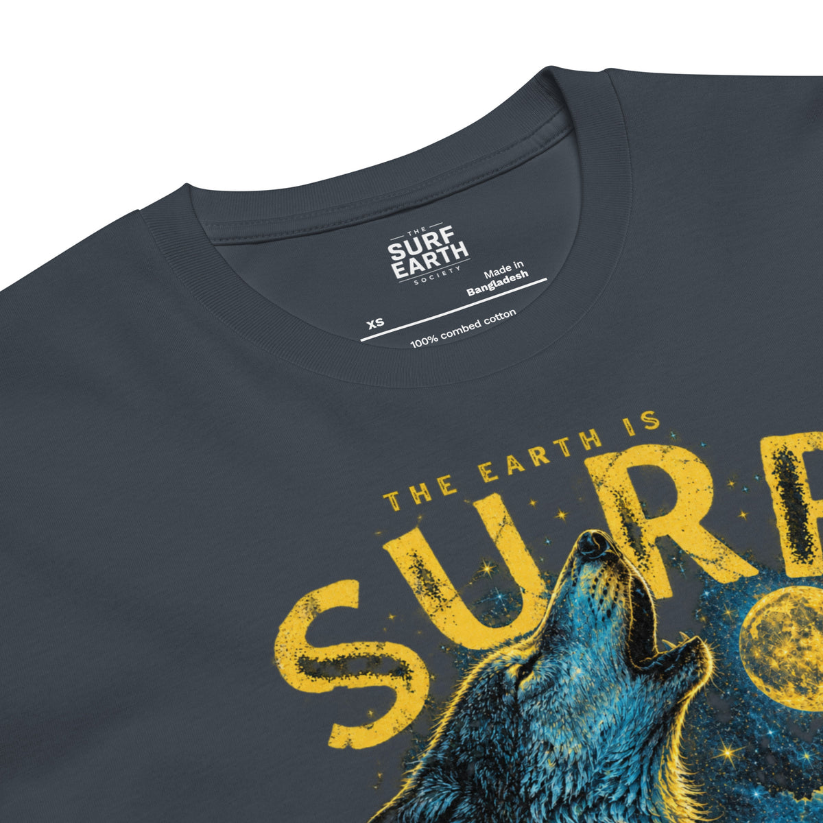 close-up cotton THE SURF EARTH vintage wolf T-shirt graphic with a howling wolf, night sky, and iconic perfect wave