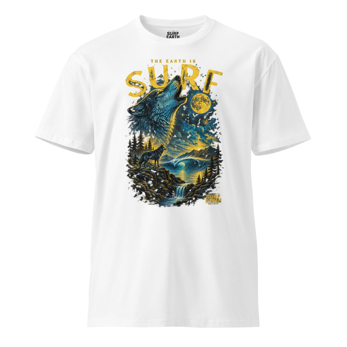 white cotton Vintage wildlife and surfing T-shirt graphic with a wolf, full moon, stars, and perfect empty wave