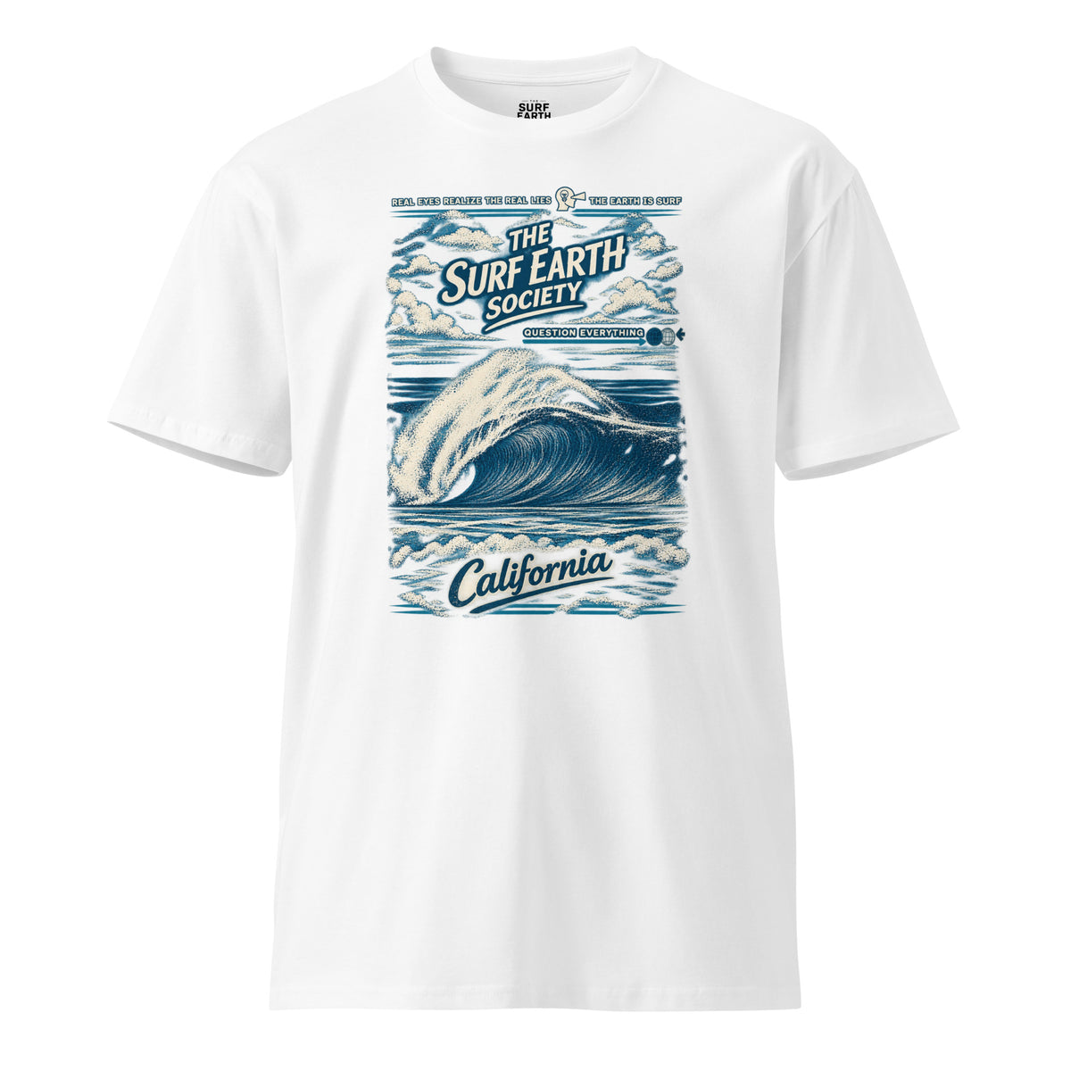 Southern California ’94 vintage surf T-shirt in white, featuring a classic California beachbreak wave beneath the SURF EARTH SOCIETY™ mark with distressed vintage typography.