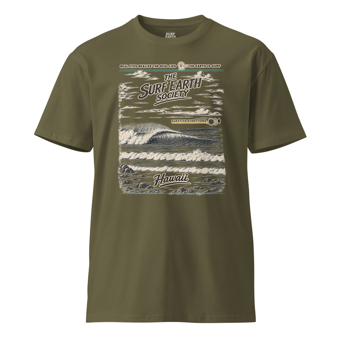 Army green Surf Earth Society Hawaii T-shirt featuring a rugged vintage wave illustration and distressed retro surf design.